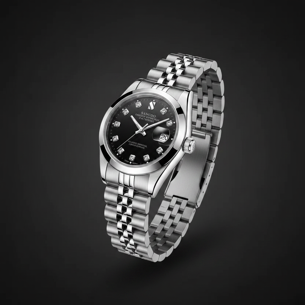 A Rolex Submariner watch with a silver two-tone metal bracelet, black dial, and diamond hour markers, shown on a dark gray gradient background.
