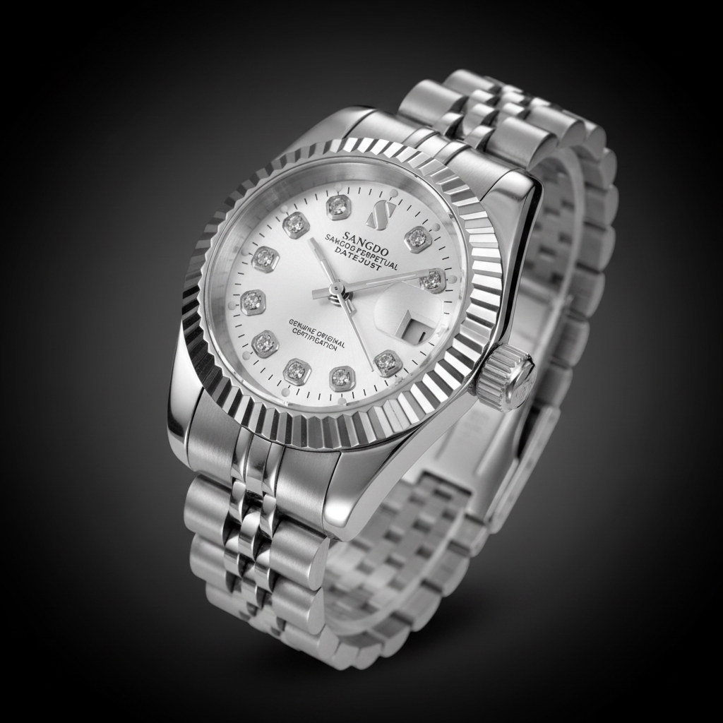 A stainless steel wristwatch with a fluted bezel, silver-tone case, and matching link bracelet, featuring a white dial with diamond hour markers and a date window.