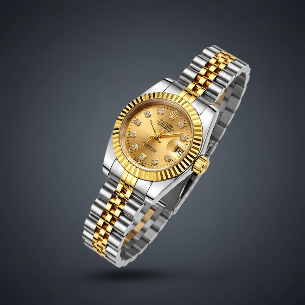 A two-tone stainless steel and yellow gold wristwatch with a gold dial, fluted bezel, and matching two-tone Oyster bracelet, shown on a dark gray gradient background.