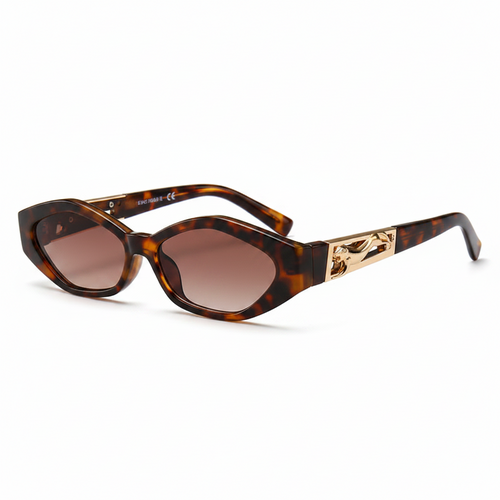 Cat-eye sunglasses with a brown and black tortoiseshell frame, brown gradient lenses, and gold-tone metal accents on the temples, shown on a white background.