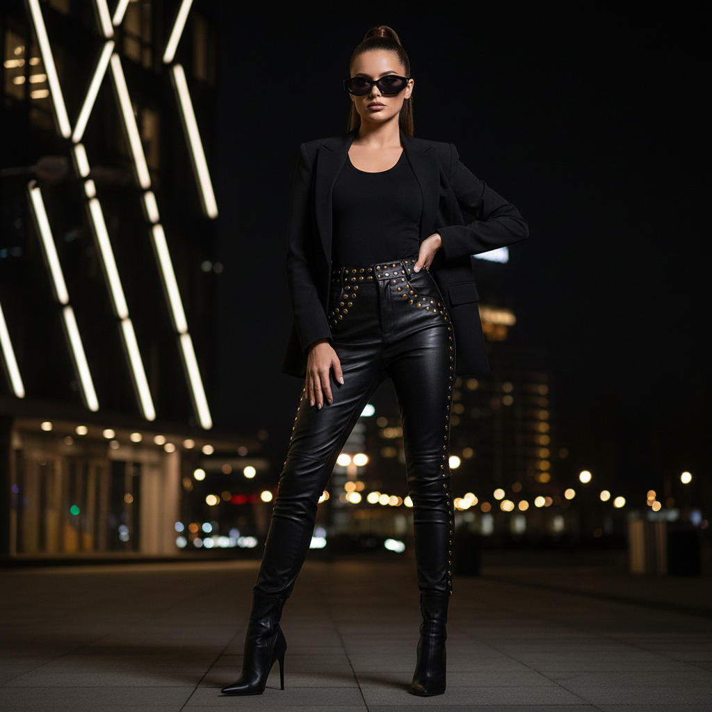 A woman posing in a black urban night setting, wearing a black blazer, black top, black studded leather pants, and black high-heeled boots.