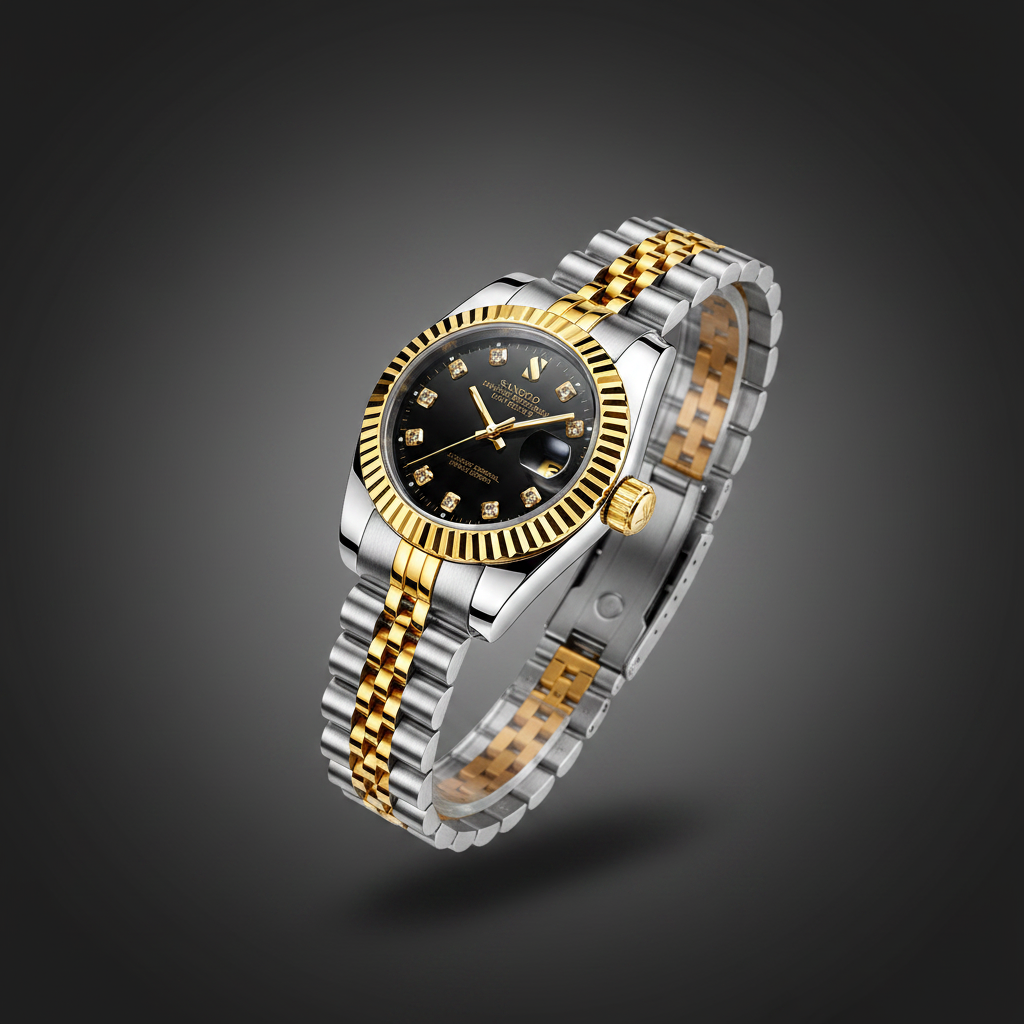 A two-tone stainless steel and gold wristwatch with a black dial, fluted gold bezel, and matching two-tone link bracelet, shown on a dark gray gradient background.