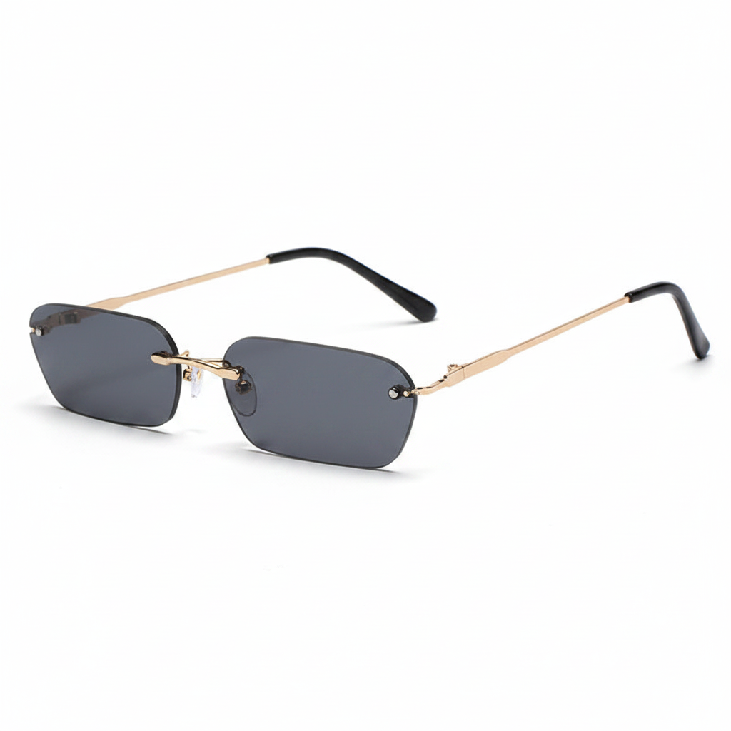 Square Rimless Sunglasses Black Lens Gold Frame UV400 White Background – Darveil