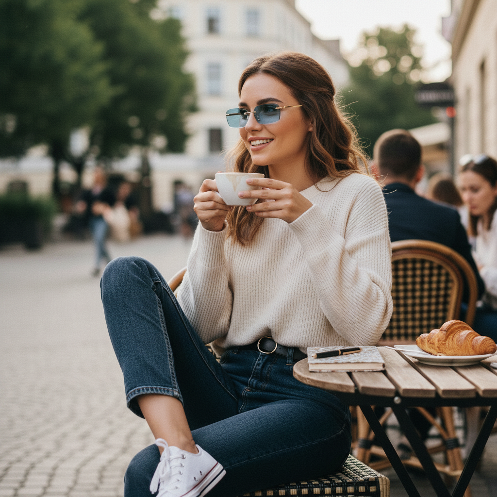 Woman wearing Darveil square rimless sunglasses ocean blue lens gold frame at outdoor cafe – daily lifestyle