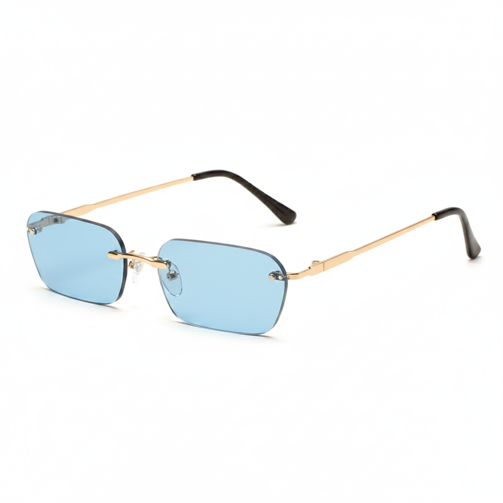 Square Rimless Sunglasses Blue Lens Gold Frame UV400 White Background – Darveil