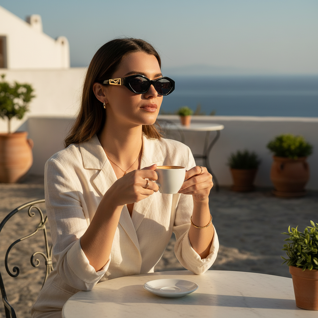 Woman wearing Darveil black angular cat-eye sunglasses at Mediterranean cafe – luxury lifestyle editorial