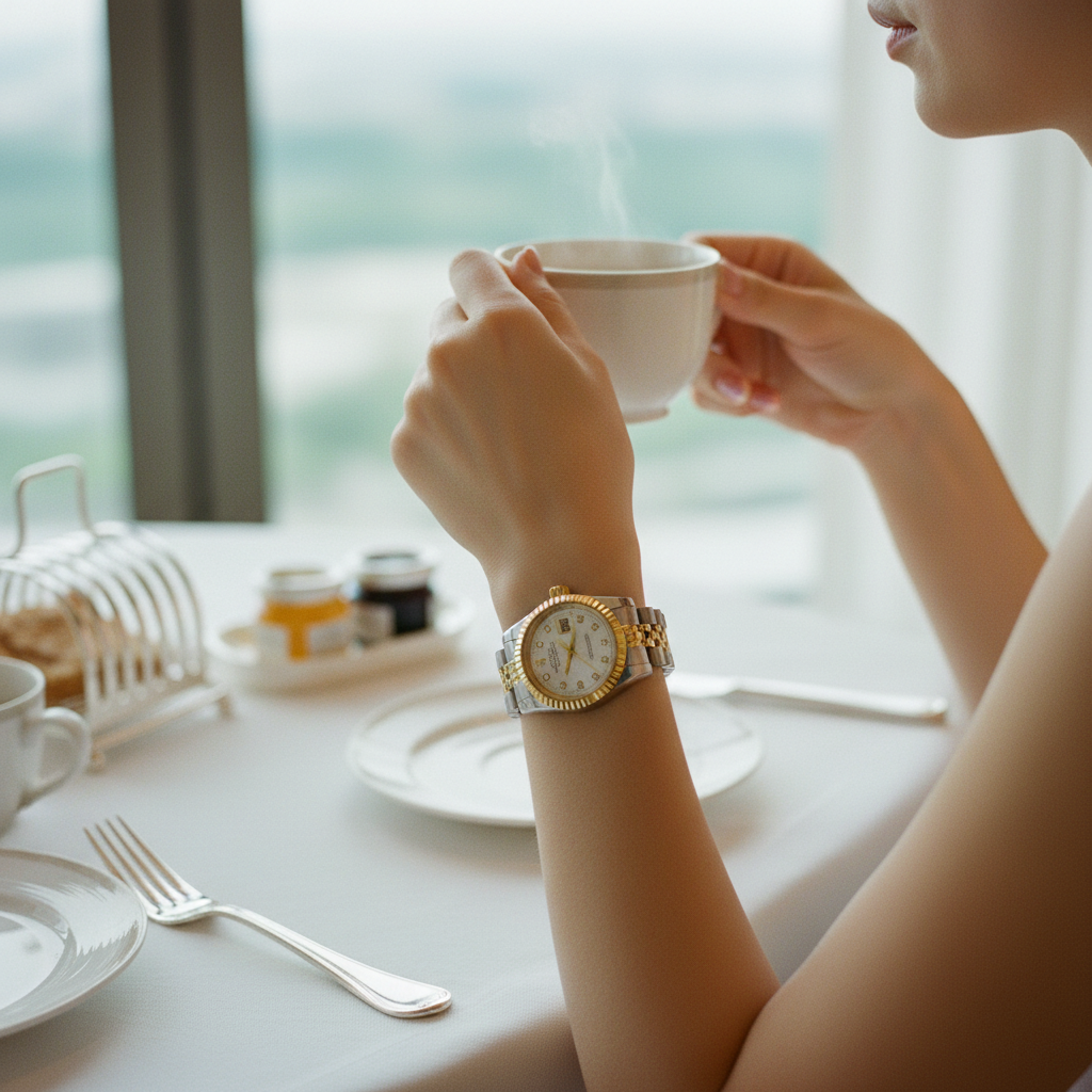 Woman wearing Darveil vintage automatic mechanical watch gold silver two-tone jubilee bracelet white diamond dial at hotel breakfast – daily lifestyle