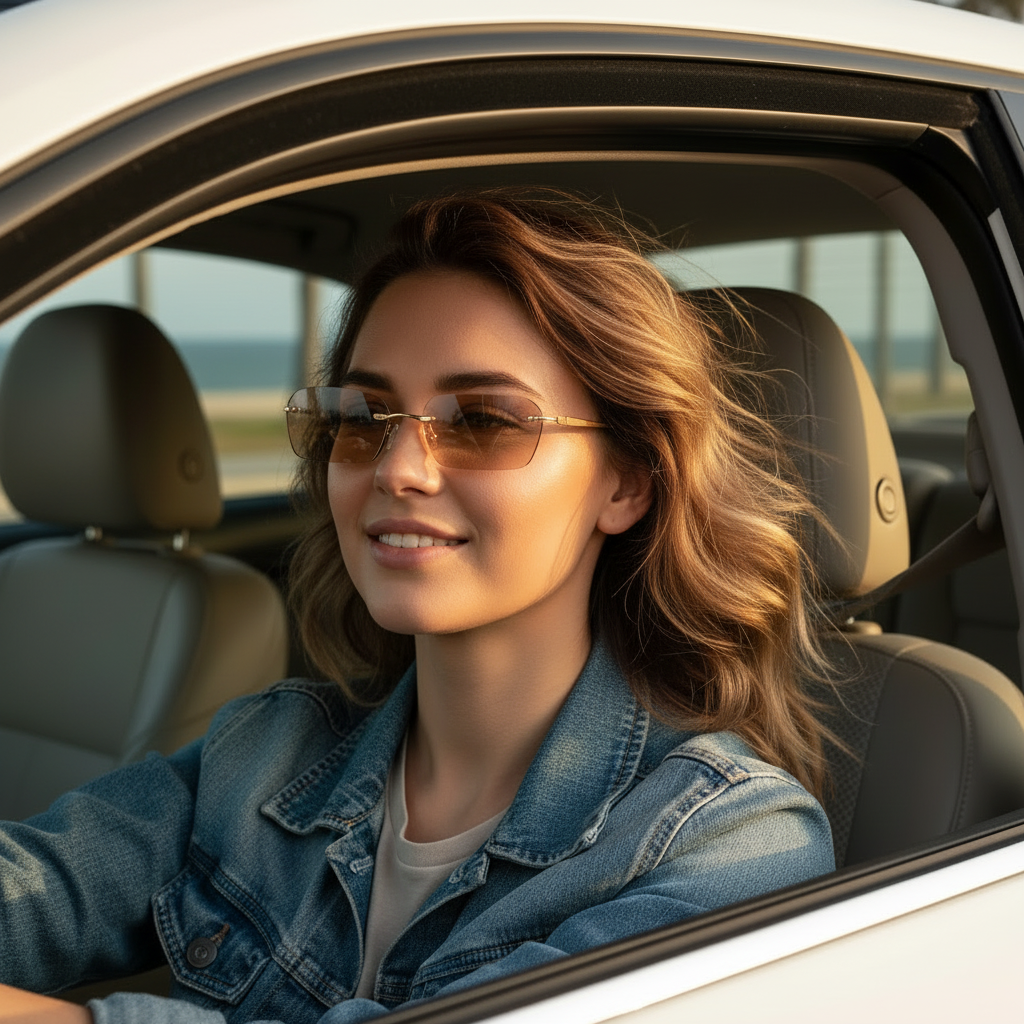 Woman wearing Darveil square rimless sunglasses brown amber lens gold frame driving – daily lifestyle