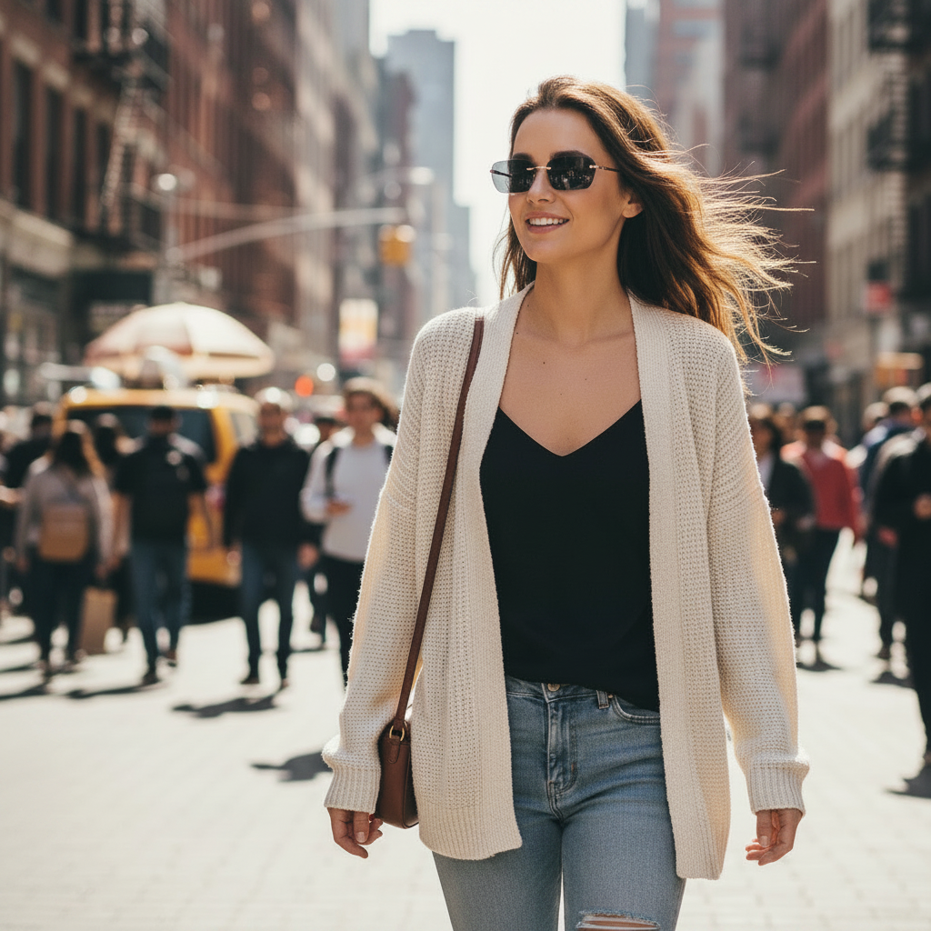 Woman wearing Darveil square rimless sunglasses black lens gold frame walking city street – daily lifestyle