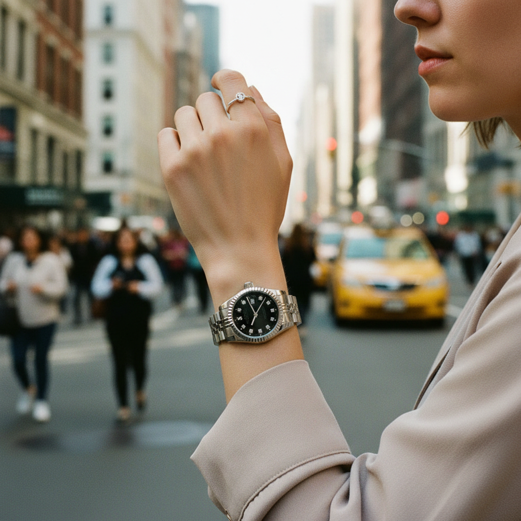 Woman wearing Darveil vintage automatic mechanical watch silver jubilee bracelet black diamond dial walking city street – daily lifestyle
