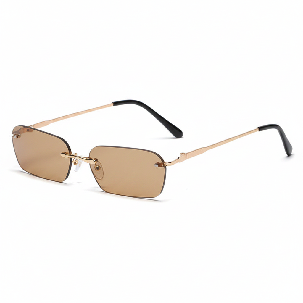 Square Rimless Sunglasses Brown Amber Lens Gold Frame UV400 White Background – Darveil