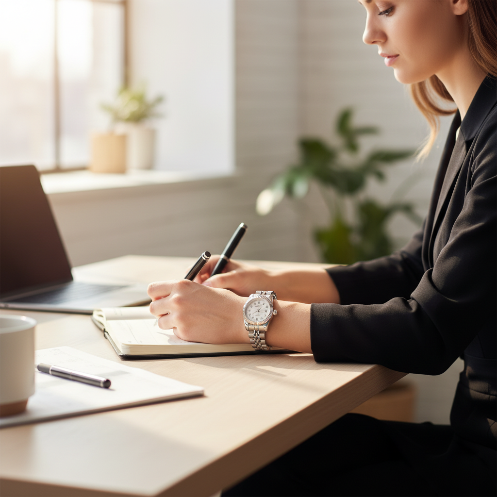 Woman wearing Darveil vintage automatic mechanical watch silver jubilee bracelet white diamond dial at office – daily lifestyle